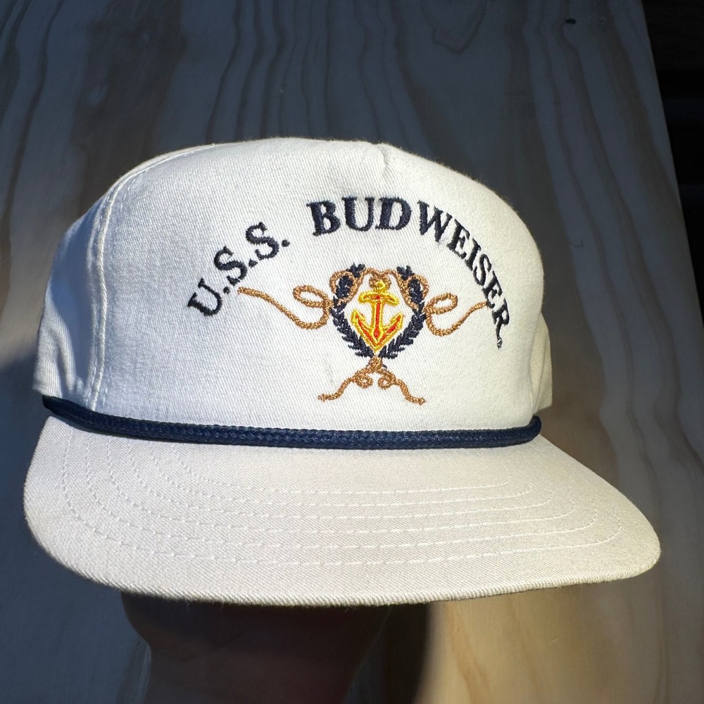 Budweiser USS Anchor Vintage Trucker Hat White Snapback Rope Cap Made in USA